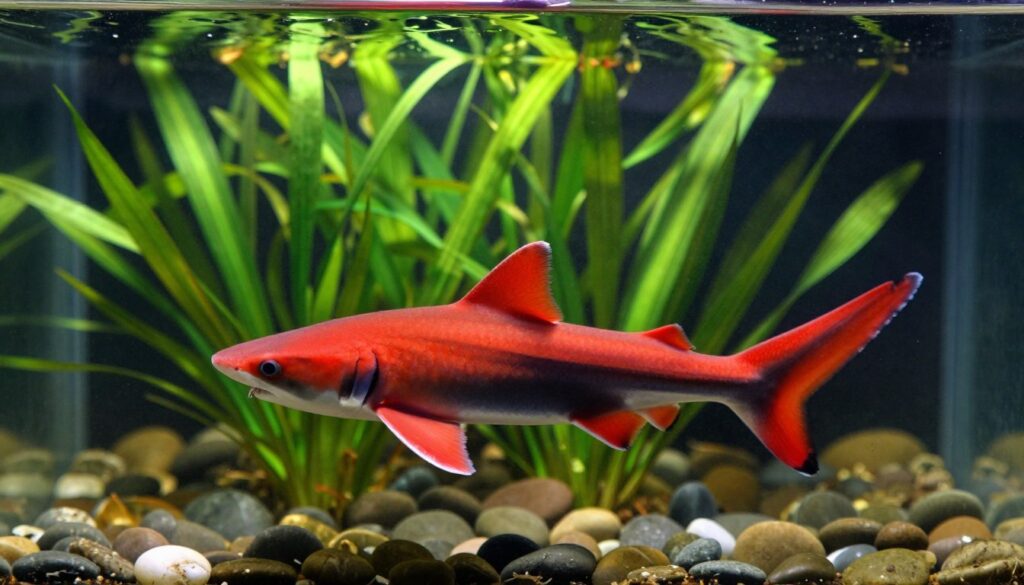 A vibrant red tail shark fish swimming gracefully in a spacious freshwater aquarium. In the foreground, the fish is strikingly visible, showcasing its distinctive black body contrasted by its bright red tail. The middle background features lush, green aquatic plants creating a natural habitat, while smooth pebbles line the bottom of the tank. Soft, diffused lighting filters through the water, highlighting the shimmering scales of the fish and casting gentle reflections. The camera angle is slightly above the water surface, offering an engaging perspective of the dynamic movement of the fish as it darts playfully among the foliage. The overall atmosphere is serene yet lively, ideal for showcasing this bold freshwater species. A vibrant red tail shark fish swimming gracefully in a spacious freshwater aquarium. In the foreground, the fish is strikingly visible, showcasing its distinctive black body contrasted by its bright red tail. The middle background features lush, green aquatic plants creating a natural habitat, while smooth pebbles line the bottom of the tank. Soft, diffused lighting filters through the water, highlighting the shimmering scales of the fish and casting gentle reflections. The camera angle is slightly above the water surface, offering an engaging perspective of the dynamic movement of the fish as it darts playfully among the foliage. The overall atmosphere is serene yet lively, ideal for showcasing this bold freshwater species.