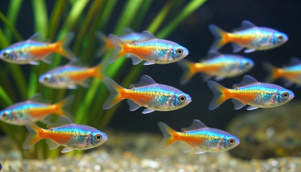 A vibrant underwater scene featuring a school of Boesemani rainbowfish, gracefully swimming in a large freshwater tank. In the foreground, capture several of these dazzling fish, showcasing their vivid colors—iridescent blue, orange, and yellow scales shimmering in the soft, filtered light. The middle ground displays more rainbowfish, elegantly schooling together, highlighting their active and social nature. In the background, include lush aquatic plants and a softly illuminated substrate, creating a serene and vibrant atmosphere. Use a shallow depth of field to emphasize the rainbowfish while slightly blurring the background. The lighting should evoke a tranquil, yet dynamic feel, reminiscent of a thriving ecosystem.
