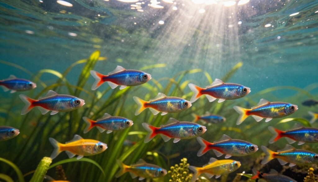 A vibrant underwater scene featuring a school of colorful freshwater fish swimming gracefully in unison. In the foreground, a diverse group of shimmering tetra fish displays their iridescent scales, showcasing a mix of blues, reds, and yellows. The middle ground reveals a lush aquatic landscape, with various green plants swaying gently in the currents, enhancing the sense of movement. In the background, soft, diffused sunlight filters through the water, creating dynamic light patterns and casting a serene atmosphere. The overall mood is peaceful and harmonious, emphasizing the beauty of schooling fish as they navigate their environment. Use a wide-angle lens to capture the depth and fluidity of the scene.
