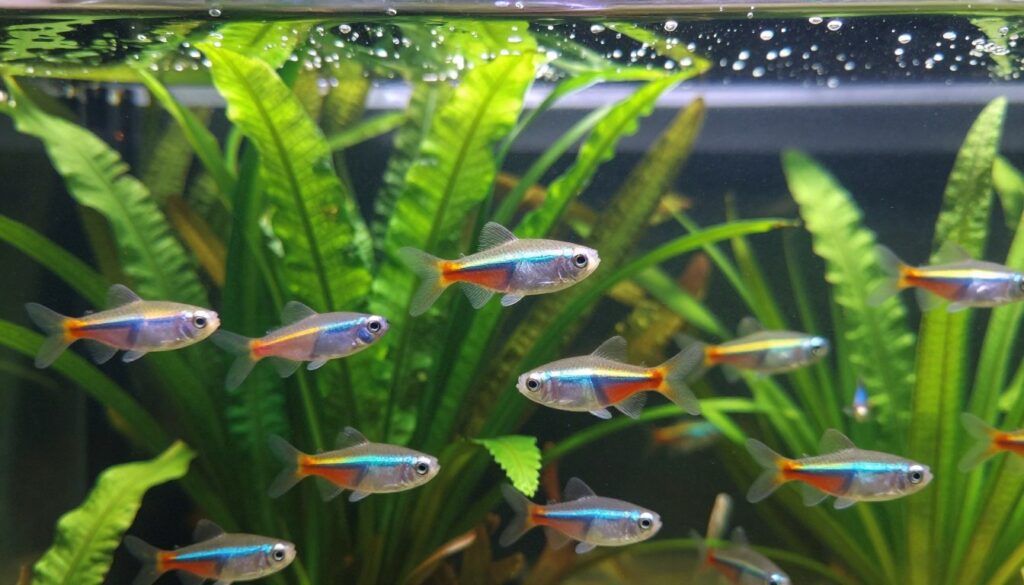 A vibrant underwater scene featuring a variety of small fish swimming gracefully among lush aquatic plants in a small tank. In the foreground, colorful species like neon tetras and dwarf rasboras are depicted in fine detail, with their scales glistening under soft, natural light. The midground showcases intricate green foliage, including java ferns and anubias, creating a sense of depth. The background is a gentle blur of aquatic plants and subtle bubbles rising to the surface, enhancing the tranquil atmosphere. The image captures a serene and peaceful moment, reminiscent of a well-maintained planted aquarium, inviting viewers to appreciate the beauty of these small fish in their natural habitat. The angle should be slightly above the waterline, providing a clear view of the aquarium's ecosystem without any distractions.