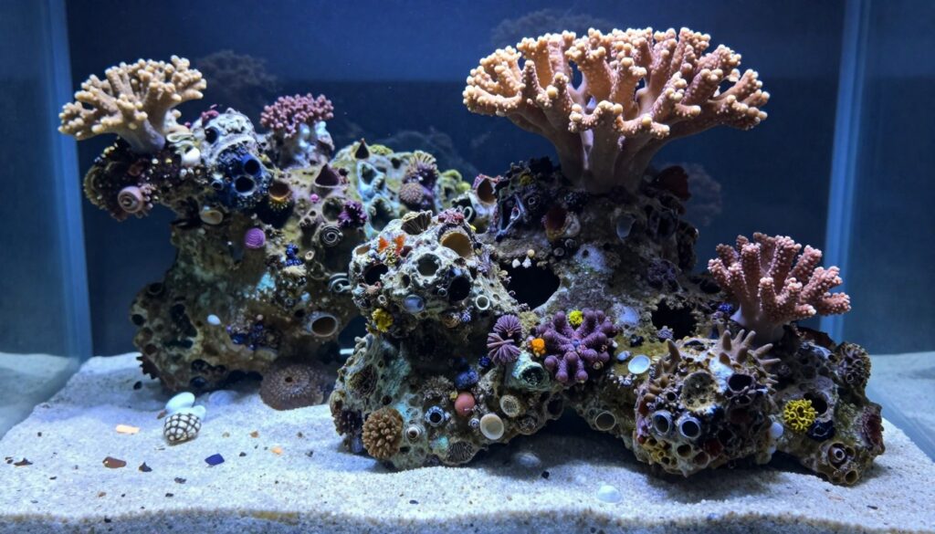 A vibrant underwater scene showcasing a variety of live rock formations in a saltwater aquarium. In the foreground, intricate shapes of the live rock display rich textures, with vibrant coral growths and tiny marine life nestled within crevices. The middle ground features fine, white sand dotted with small shells and scattered pieces of debris, creating a natural habitat. In the background, soft blue lighting mimics the effect of sunlight filtering through water, casting gentle shadows and enhancing the vivid colors of the rocks. The atmosphere is tranquil and inviting, perfect for illustrating the essential role of live rock in maintaining a healthy aquarium ecosystem. The shot is taken at a slight upward angle to convey depth and enable a clear view of both rocks and sand, creating a sense of immersion.
