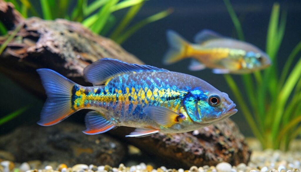 A vivid illustration focusing on a Wolf Cichlid, showcasing its remarkable size, vibrant colors, and distinctive sexual dimorphism. In the foreground, a large, stunning Wolf Cichlid is swimming gracefully, its iridescent blues and yellows glinting in the light. The middle ground features a beautifully arranged aquarium setting with natural rocks and plants that mimic a tropical environment, providing a sense of habitat. In the background, soft, diffused lighting highlights the aquarium's water, creating an inviting, serene atmosphere. The composition should capture the muscular build of the male cichlid contrasted with the slimmer body of the female. Use a shallow depth of field to emphasize the fish while gently blurring the background, enhancing the focus on this captivating aquarium dweller.