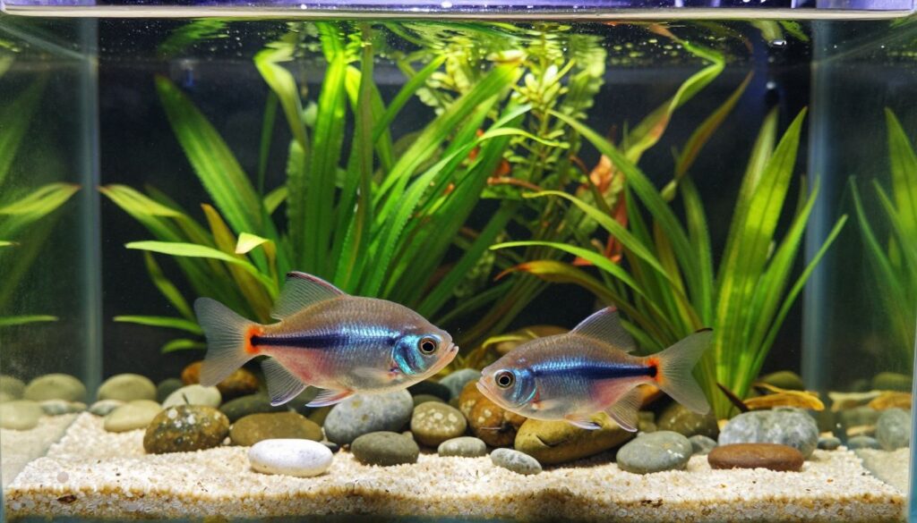 A well-maintained aquarium setup for a Wolf Cichlid, showcasing a spacious tank filled with clear water and vibrant aquatic plants. In the foreground, a pair of Wolf Cichlids are gracefully swimming, their distinctive colors and features highlighted. The middle ground features smooth pebbles and a sandy substrate, providing a natural habitat look. The background is filled with lush greenery of aquatic plants, creating a serene atmosphere. Soft, natural lighting filters through the water, casting gentle reflections and enhancing the colors of the fish and plants. The camera angle is slightly elevated, offering an expansive view of the tank's ecosystem, evoking a sense of tranquility and vitality essential for the health of Wolf Cichlids.