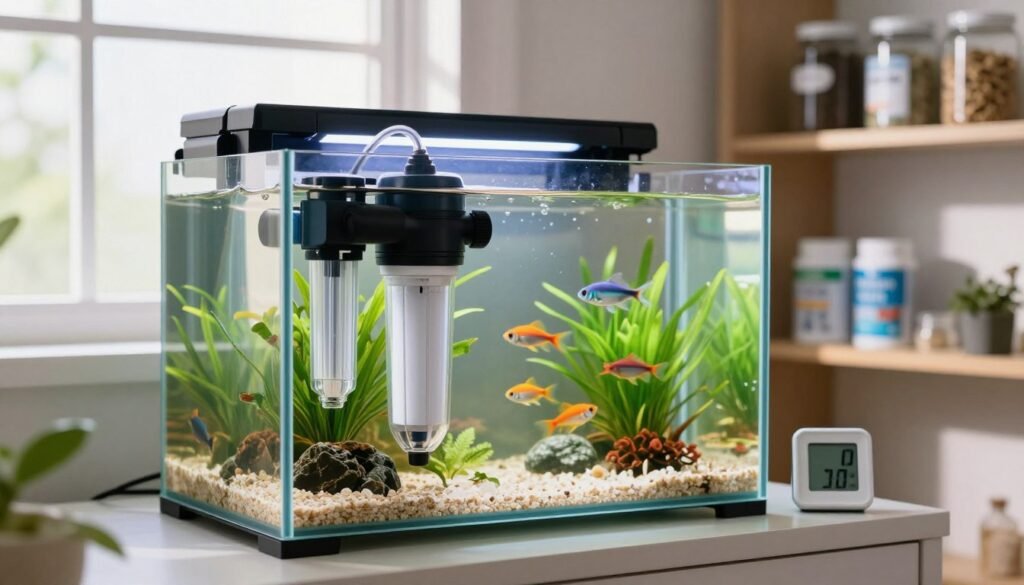 A well-organized aquarium setup featuring essential equipment for maintaining a clean and clear fish tank. In the foreground, display a high-quality aquarium filter with clear tubing, a heater, and a digital thermometer on a sleek surface. The middle ground should include an elegant glass fish tank filled with colorful exotic fish, surrounded by vibrant aquatic plants and decorative gravel. In the background, softly illuminated by natural light streaming through a nearby window, include shelves holding canisters for fish food and maintenance supplies, with gentle shadows enhancing the depth. Use a shallow depth of field to focus on the equipment while softly blurring the surroundings. The overall mood is serene and inviting, emphasizing a confident and organized aquarium environment.