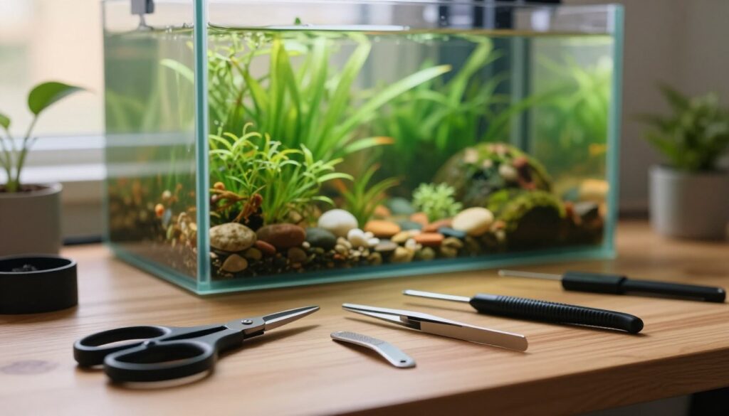 A well-organized workspace showcasing a variety of aquascaping tools on a natural wooden table. In the foreground, focus on essential tools: precision scissors, tweezers, and a substrate leveling tool, gleaming under soft, warm lighting. The middle layer features a lush aquascaped aquarium, filled with vibrant green plants and colorful pebbles, hinting at the tools' purpose. In the background, a large window allows diffused sunlight to filter in, creating a tranquil atmosphere and casting gentle reflections on the water surface. Capture the scene with a shallow depth of field, emphasizing the tools while softly blurring the aquarium, evoking a sense of creativity and tranquility in aquascaping. The overall mood should be inspiring and serene, ideal for anyone passionate about gardening under water.