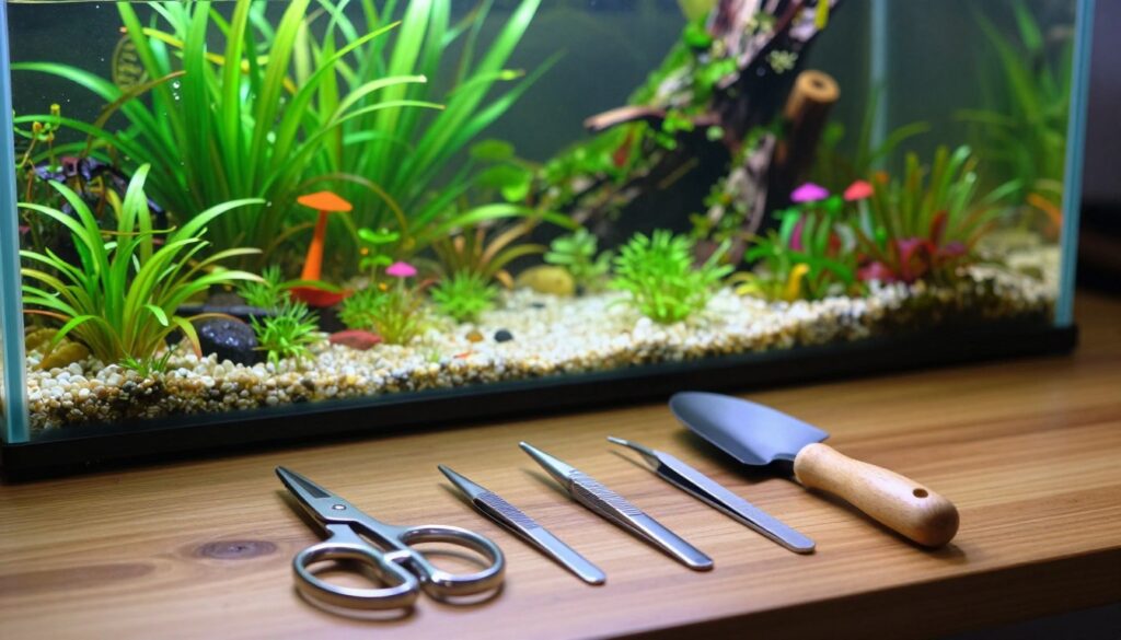 An array of aquascaping tools displayed elegantly on a wooden workbench, with a lush aquarium scape in the background. In the foreground, include precision scissors, tweezers, and a small shovel, all gleaming with metallic finishes, showcasing their ergonomic designs. The middle ground features a lush underwater garden with vibrant green plants and colorful aquatic decor, softly illuminated by natural light filtering through the water surface. The scene is captured from a slightly elevated angle, emphasizing the tools' utility in crafting the aquascape. The atmosphere is serene and focused, evoking the tranquility of nature and the artistry of aquascaping.