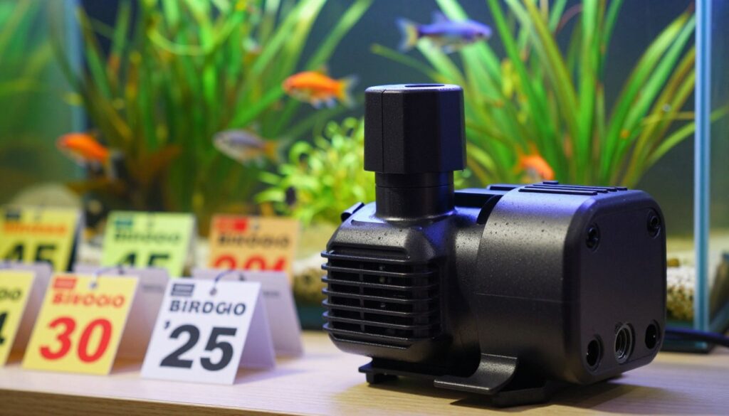 A close-up view of a high-quality water pump designed for a fish tank, prominently displayed in the foreground. The pump should exhibit detailed features such as its adjustable flow rate, energy-efficient design, and various connection ports. In the middle ground, there are stacks of price tags with different sale prices, indicating a range of affordability and value options. The background features a blurred fish tank setup, showcasing vibrant aquatic plants and colorful fish, creating a lively atmosphere. Soft, natural lighting highlights the pump, casting gentle shadows and enhancing its sleek design. The overall mood is informative and encouraging, aiming to assist the viewer in making a smart purchasing decision.