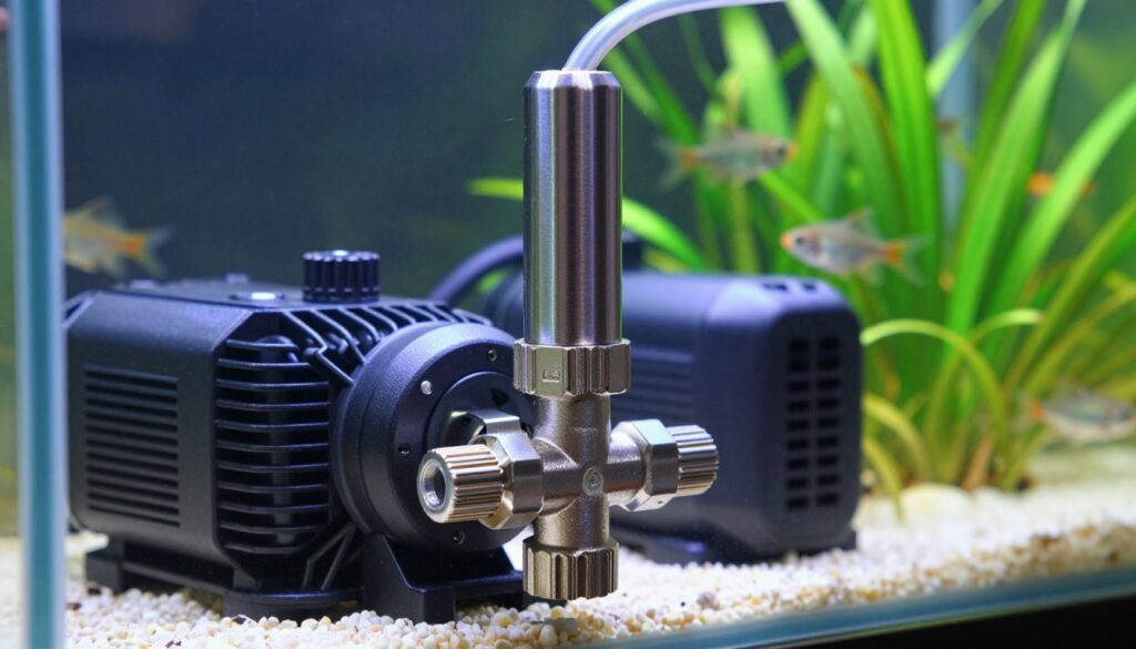 A close-up view of a vertical flow control valve used in aquarium pumps, emphasizing the mechanism's intricate details and functionality. In the foreground, the valve is prominently displayed, showcasing its shiny metal finish and clearly marked flow control settings. The middle ground features various pumps and tubing, demonstrating how the valve integrates with them. In the background, a beautifully aquascaped fish tank creates a serene setting, depicting healthy fish and vibrant aquatic plants. Soft, natural lighting illuminates the scene, adding clarity and highlighting textures. The angle is slightly tilted down to focus on the valve, conveying a sense of precision and engineering excellence. The overall mood is professional and informative, suitable for an instructional context.
