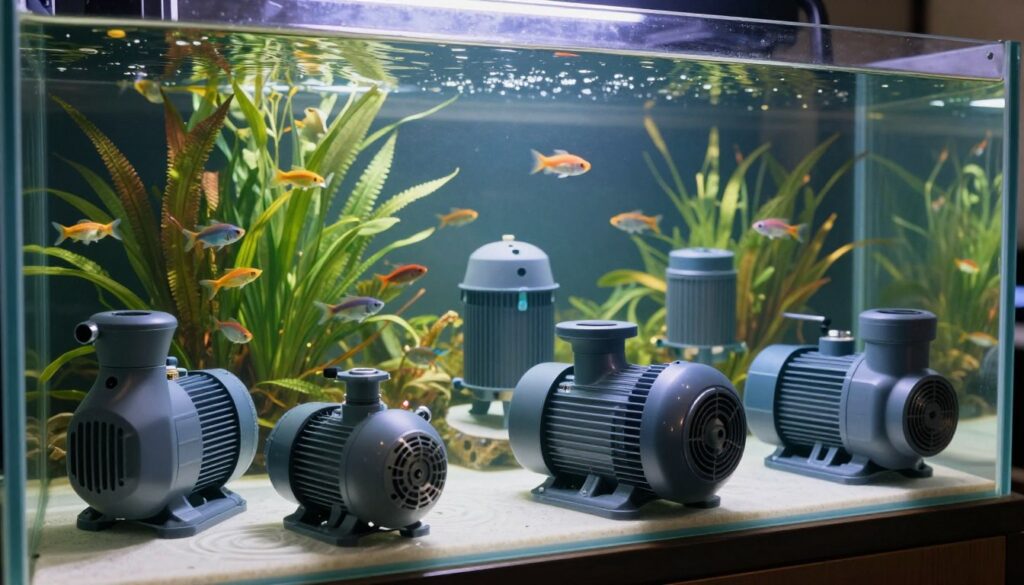 A collection of sleek submersible pumps displayed in a modern aquarium setting, demonstrating various sizes and designs. In the foreground, highlight a compact, high-efficiency pump with a smooth, glossy finish, and visible water connections. In the middle ground, include a few additional models, showcasing different shapes and designs, set against a clear glass tank filled with vibrant aquatic plants and colorful fish swimming around. The background features soft, diffused lighting, mimicking natural sunlight filtering through water, creating a serene atmosphere. A slight ripple effect on the surface enhances the feeling of movement and life. Use a wide-angle lens to capture the full scenic interaction within the tank, emphasizing the harmony between technology and aquatic beauty.