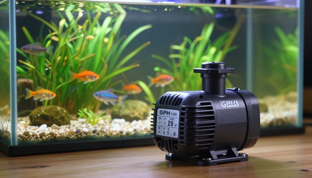 A detailed and realistic illustration of a GPH water pump specifically designed for use in a fish tank. In the foreground, showcase the pump with its sturdy build and clear labeling of technical specifications, including flow rate and head height. In the middle background, depict a fish tank filled with vibrant aquatic plants and colorful fish, subtly highlighting the context in which the pump operates. The background should include a softly lit setting with ambient lighting to create a serene underwater atmosphere. Use a slightly elevated angle to capture the full dimension of the pump and its installation in the tank. The overall mood should be calming and informative, emphasizing the importance of the right equipment for aquatic life.