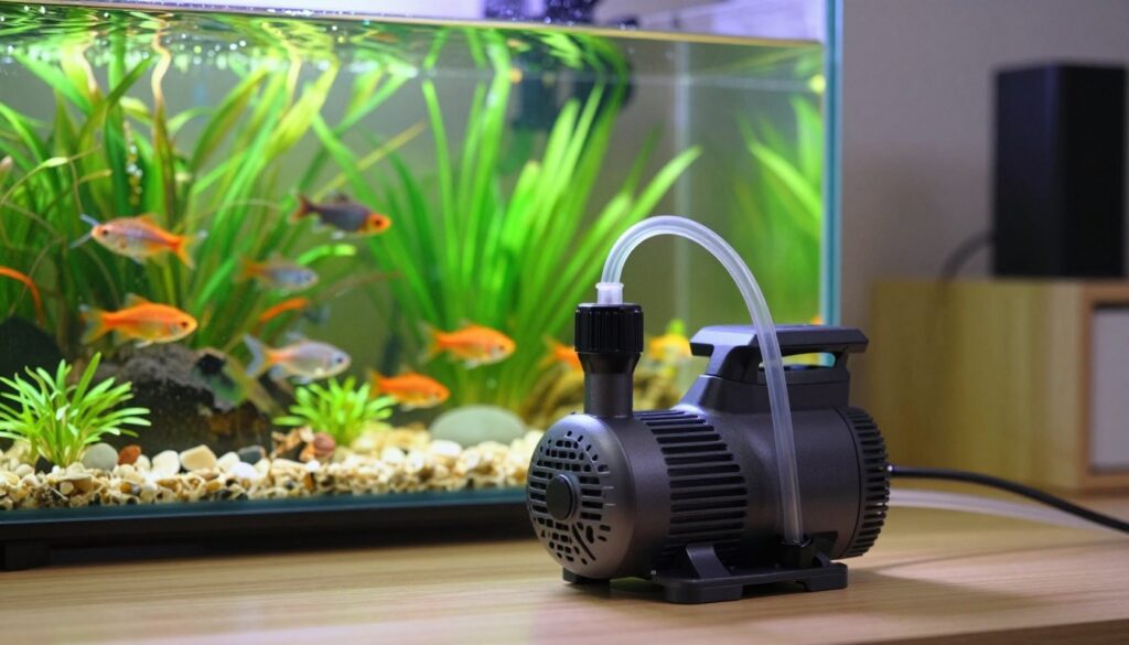 A detailed and well-maintained water pump designed for a fish tank setup. In the foreground, showcase the water pump itself with a sleek, modern design, featuring clear tubing and adjustable flow controls. In the middle ground, include a lush, vibrant aquarium filled with colorful fish and aquatic plants, illustrating the pump's effectiveness in maintaining water circulation. The background should depict a softly lit room with an aquarium stand, ambient lighting casting gentle reflections on the water surface. Use natural light to create a calming atmosphere, enhancing the feeling of tranquility and care. Aim for a close-up angle that captures the intricacies of the pump's design, emphasizing its importance in aquatic life maintenance.